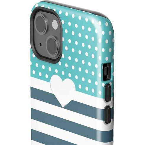 Polka Dots and Stripes Heart in Blue iPhone 15 Plus Impact Case
