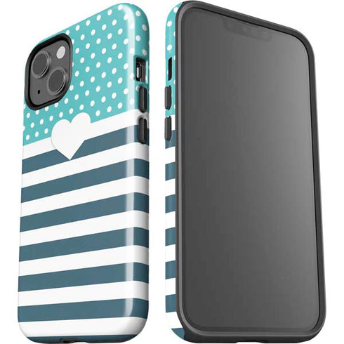 Polka Dots and Stripes Heart in Blue iPhone 15 Plus Impact Case
