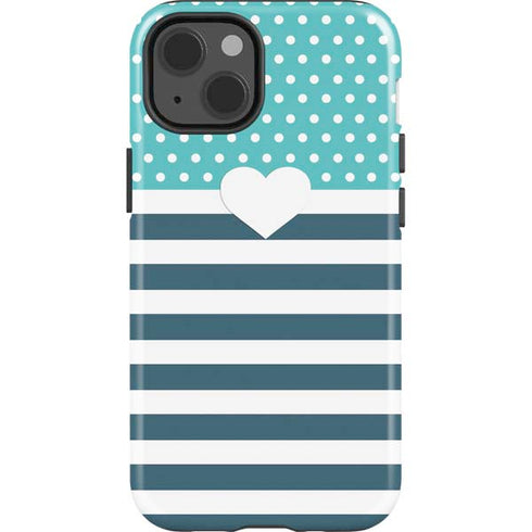 Polka Dots and Stripes Heart in Blue iPhone 14 Impact Case