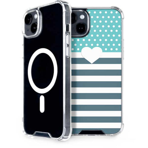 Polka Dots and Stripes Heart in Blue iPhone 15 Plus MagSafe Case