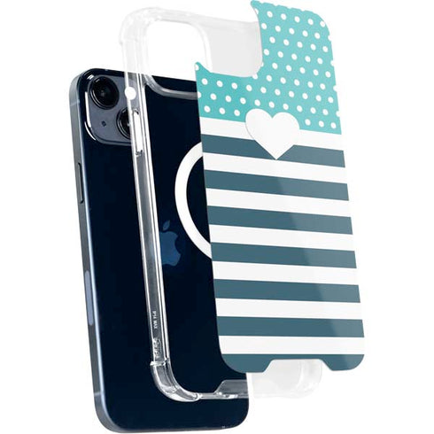 Polka Dots and Stripes Heart in Blue iPhone 15 Plus MagSafe Case