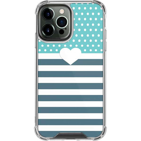 Polka Dots and Stripes Heart in Blue iPhone 14 Pro Max Clear Case