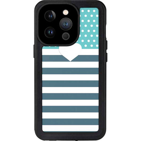Polka Dots and Stripes Heart in Blue iPhone 14 Pro Waterproof Case