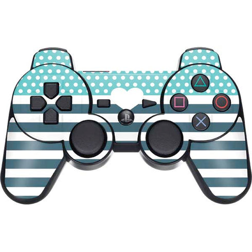 Polka Dots and Stripes Heart in Blue PS3 Dual Shock wireless controller Skin