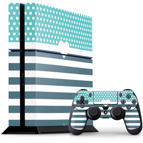 Polka Dots and Stripes Heart in Blue PS4 Console and Controller Bundle Skin