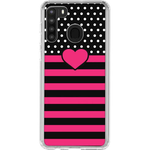Polka Dots and Stripes Heart in Pink Galaxy A21 Clear Case