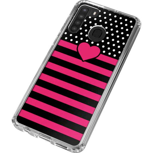Polka Dots and Stripes Heart in Pink Galaxy A21 Clear Case