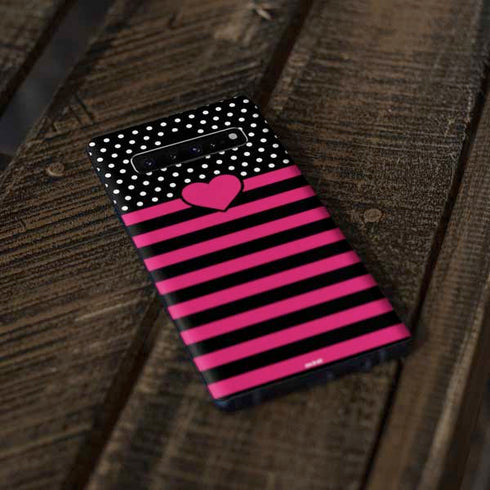 Polka Dots and Stripes Heart in Pink Galaxy S10 Skin