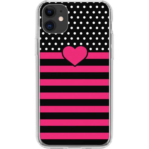 Polka Dots and Stripes Heart in Pink iPhone 11 Clear Case
