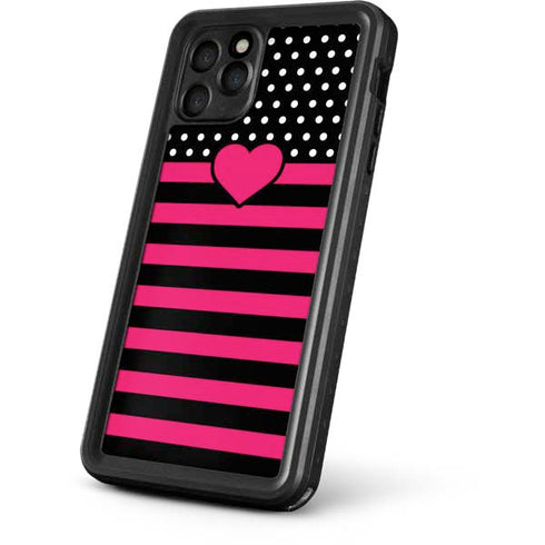 Polka Dots and Stripes Heart in Pink iPhone 11 Pro Waterproof Case