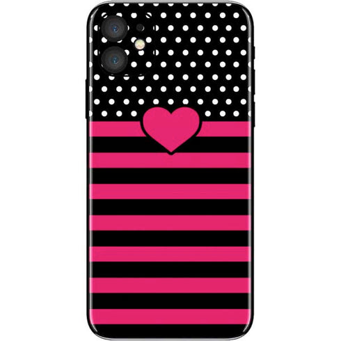 Polka Dots and Stripes Heart in Pink iPhone 11 Skin