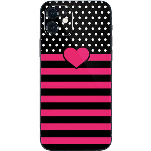 Polka Dots and Stripes Heart in Pink iPhone 12 Mini Skin