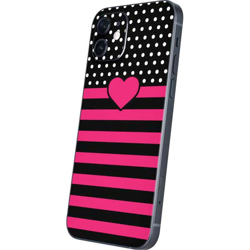Polka Dots and Stripes Heart in Pink iPhone 12 Mini Skin