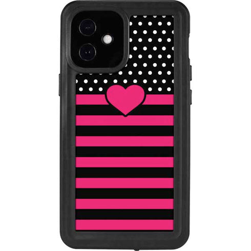 Polka Dots and Stripes Heart in Pink iPhone 12 Mini Waterproof Case