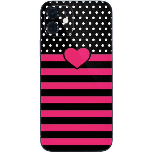 Polka Dots and Stripes Heart in Pink iPhone 12 Skin