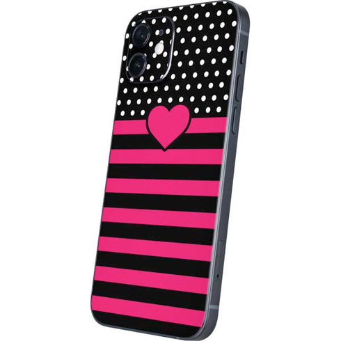 Polka Dots and Stripes Heart in Pink iPhone 12 Skin