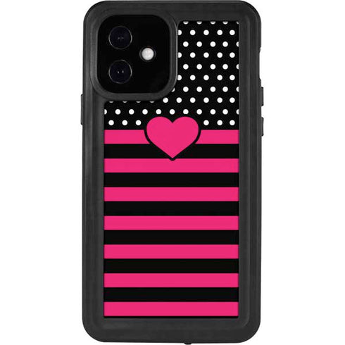 Polka Dots and Stripes Heart in Pink iPhone 12 Waterproof Case