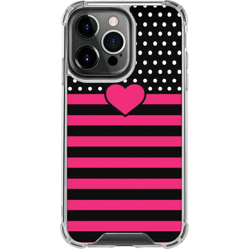 Polka Dots and Stripes Heart in Pink iPhone 13 Pro Clear Case
