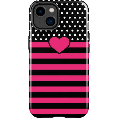 Polka Dots and Stripes Heart in Pink iPhone 14 Plus Impact Case