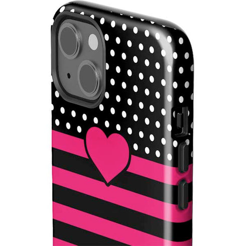 Polka Dots and Stripes Heart in Pink iPhone 15 Plus Impact Case