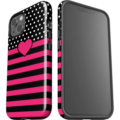 Polka Dots and Stripes Heart in Pink iPhone 15 Plus Impact Case