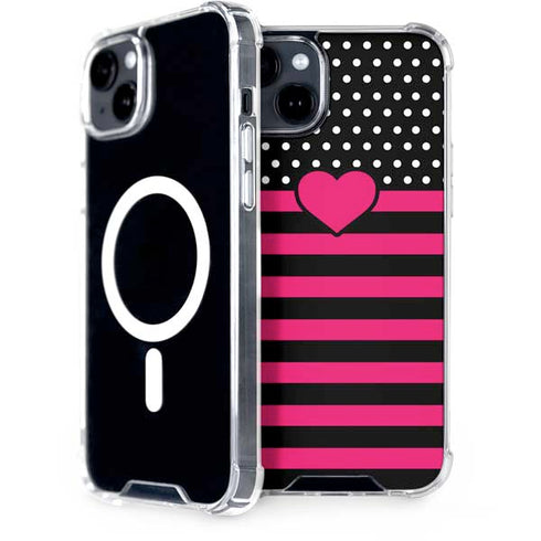 Polka Dots and Stripes Heart in Pink iPhone 15 Plus MagSafe Case