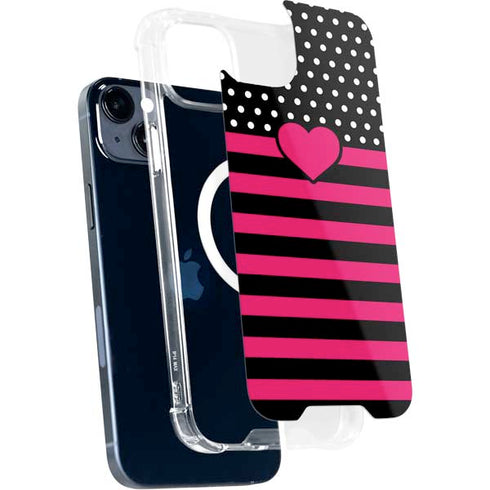 Polka Dots and Stripes Heart in Pink iPhone 15 Plus MagSafe Case