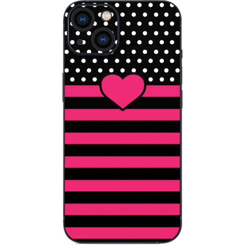 Polka Dots and Stripes Heart in Pink iPhone 15 Plus Skin