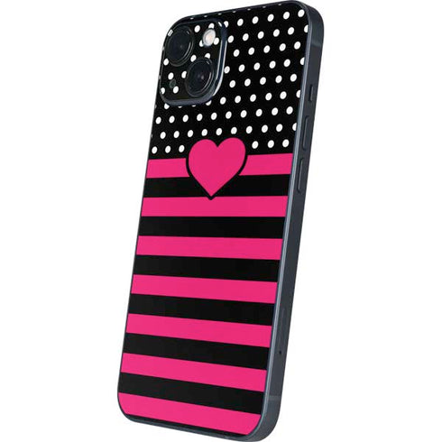 Polka Dots and Stripes Heart in Pink iPhone 15 Plus Skin