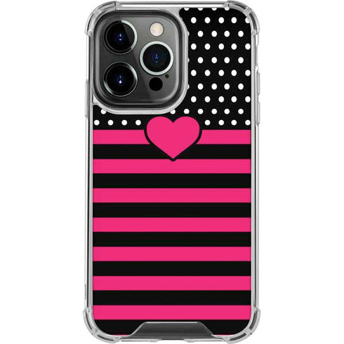 Polka Dots and Stripes Heart in Pink iPhone 14 Pro Clear Case