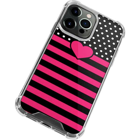 Polka Dots and Stripes Heart in Pink iPhone 15 Pro Clear Case