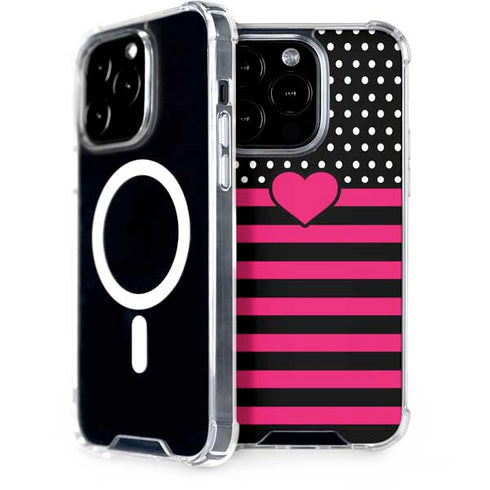 Polka Dots and Stripes Heart in Pink iPhone 15 Pro MagSafe Case