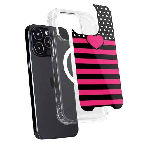 Polka Dots and Stripes Heart in Pink iPhone 15 Pro MagSafe Case