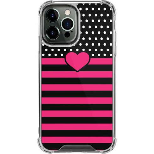 Polka Dots and Stripes Heart in Pink iPhone 14 Pro Max Clear Case