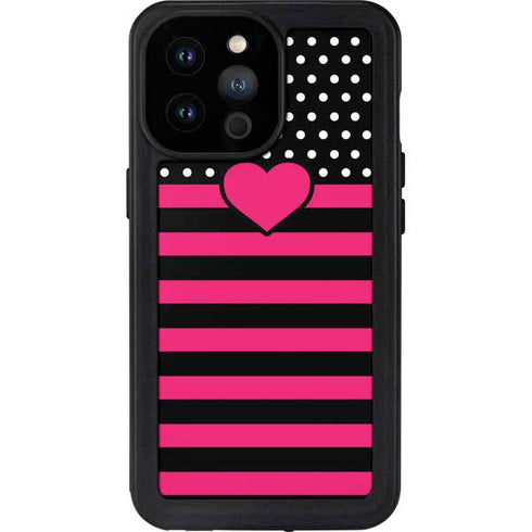Polka Dots and Stripes Heart in Pink iPhone 14 Pro Max Waterproof Case