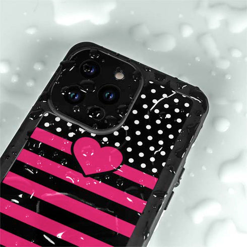 Polka Dots and Stripes Heart in Pink iPhone 14 Pro Max Waterproof Case