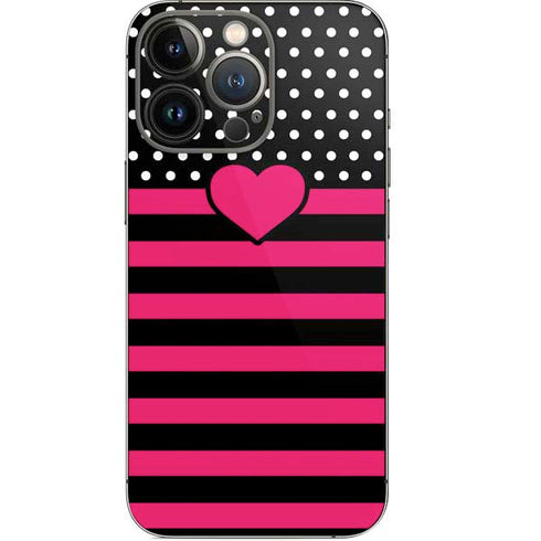 Polka Dots and Stripes Heart in Pink iPhone 14 Pro Skin
