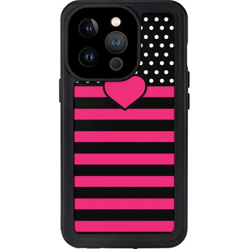 Polka Dots and Stripes Heart in Pink iPhone 14 Pro Waterproof Case