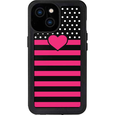 Polka Dots and Stripes Heart in Pink iPhone 15 Waterproof Case