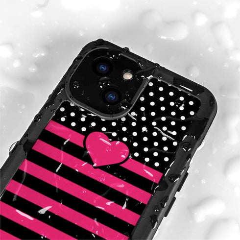 Polka Dots and Stripes Heart in Pink iPhone 15 Waterproof Case