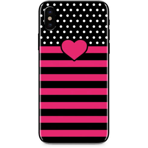 Polka Dots and Stripes Heart in Pink iPhone X Skin