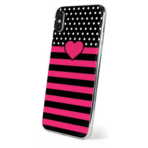 Polka Dots and Stripes Heart in Pink iPhone X Skin
