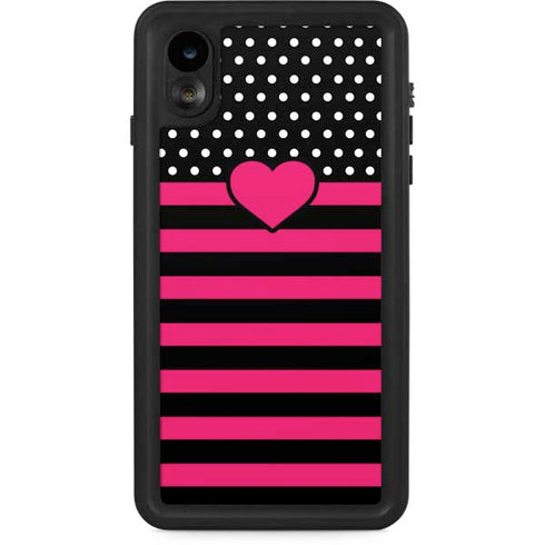 Polka Dots and Stripes Heart in Pink iPhone XR Waterproof Case