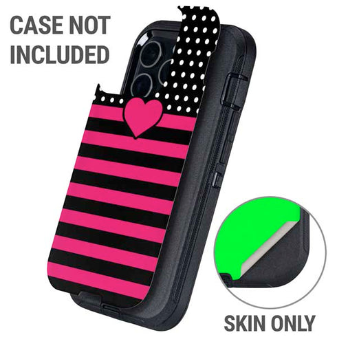 Polka Dots and Stripes Heart in Pink Otterbox Defender iPhone Skin