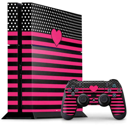 Polka Dots and Stripes Heart in Pink PS4 Console and Controller Bundle Skin