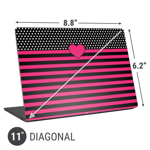 Polka Dots and Stripes Heart in Pink Universal Laptop 11in (8.8 x 6.2in) Skin
