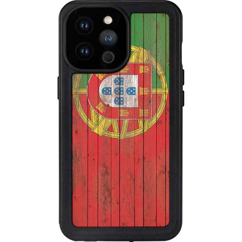 Portuguese Flag Dark Wood iPhone 14 Pro Max Waterproof Case