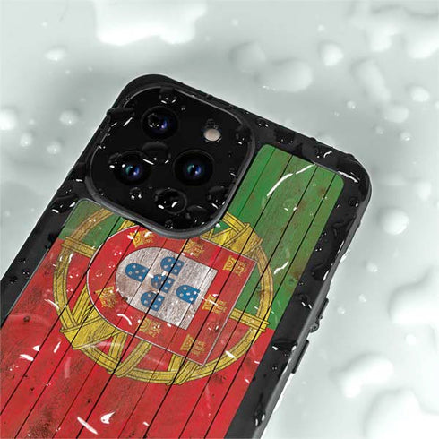 Portuguese Flag Dark Wood iPhone 14 Pro Waterproof Case