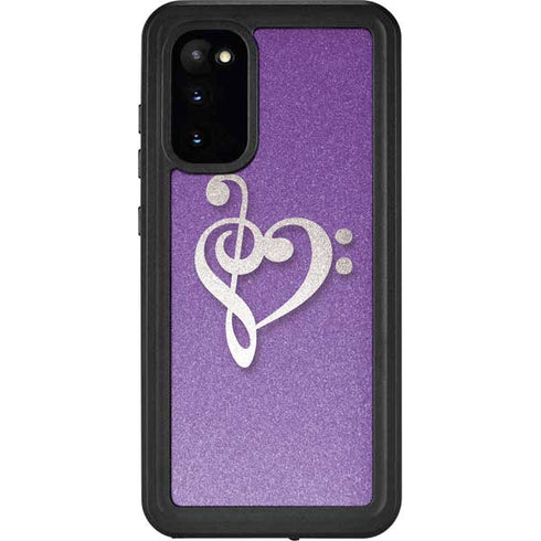 Purple Glitter Musical Heart Galaxy S20 Waterproof Case