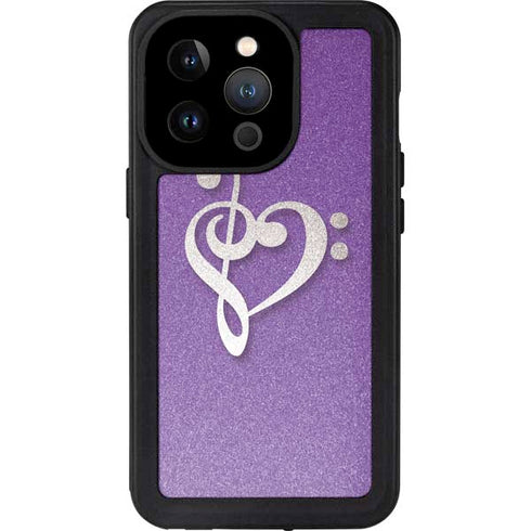 Purple Glitter Musical Heart iPhone 14 Pro Waterproof Case